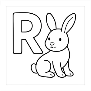 Letter R with rabbit coloring page for kids, free printable coloring page
