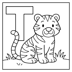 Letter T with tiger coloring page for kids, free printable