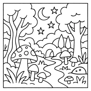 Magical forest adventure coloring page for kids to print and color, featuring enchanted trees and woodland creatures.