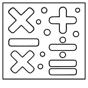 Math symbols coloring page with printable plus, minus, multiplication, division, and equals signs for kids
