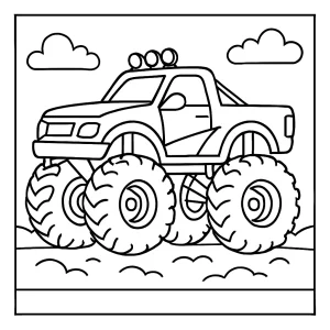 Monster truck coloring page showing a large truck with big wheels, printable for kids