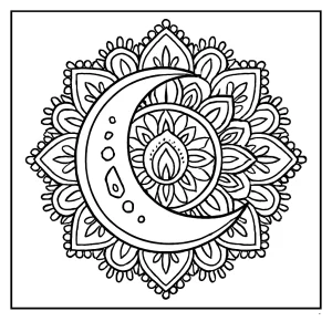 Moon mandala coloring page with detailed patterns, printable for free
