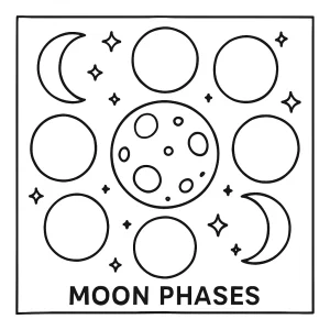 Moon phases coloring page showing the different stages of the lunar cycle as a printable sheet