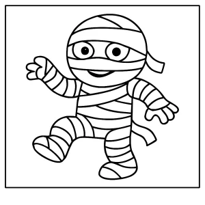 Mummy coloring page for kids – free printable coloring page showing a wrapped mummy for children to color.