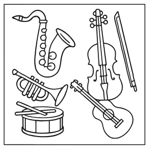 Musical instruments coloring page for kids to print and color, featuring guitars, piano, drums, and more.