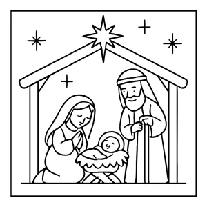 Nativity scene coloring page with Mary, Joseph, Baby Jesus, and animals