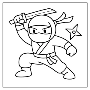 Ninja coloring page for kids featuring a masked martial arts hero in an action pose, printable and free to download.