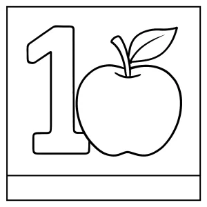Number 1 apple coloring page featuring a large number one and a simple apple illustration to color.