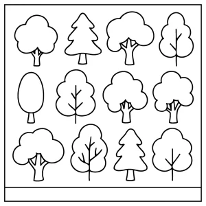 Number 11 Trees coloring page with eleven different tree outlines for kids to color.