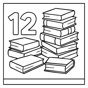 Number 12 books coloring page – printable coloring page featuring a stack of twelve books for kids