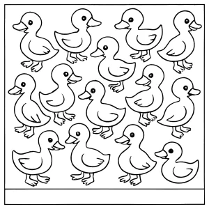 Number 14 ducks coloring page for kids to print and color, featuring fourteen cute ducks in various poses for a fun counting activity.