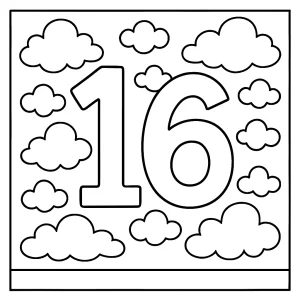 Number 16 clouds coloring page featuring sixteen fluffy clouds for children to color, perfect printable activity for number learning.