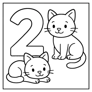 Number 2 cats coloring page for kids to print and color, featuring two cute cats shaped like the number 2.