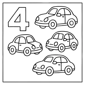 Number 4 cars coloring page showing four cars with the number 4, free printable for kids