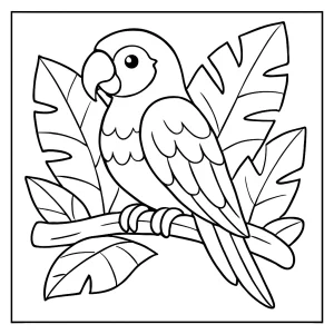 Parrot coloring page for kids featuring a cheerful parrot perched on a branch, ready to be colored with bright shades.