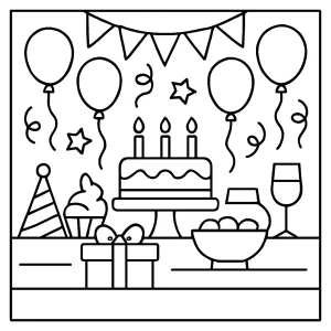 Party table celebration coloring page with balloons, cake, and gifts for kids to color