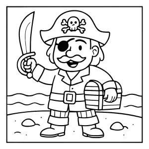 Pirate coloring page featuring a young pirate with hat, eye patch, and treasure chest for kids to print and color