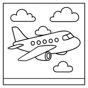 Airplane coloring page showing a plane flying in the sky, printable for kids