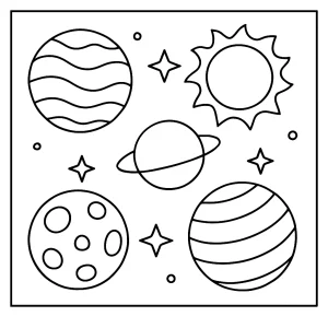 Planets in space coloring page for free, printable sheet showing the solar system for kids to color and learn.