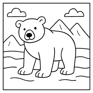Polar bear coloring page for kids to print and color, featuring an adorable bear in an Arctic setting.