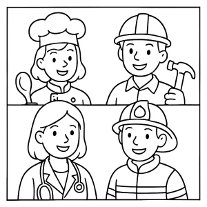 Professions coloring page featuring various jobs and careers for kids to color for free