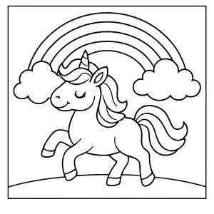 Rainbow unicorn coloring page for children to print and color, featuring a magical unicorn with a rainbow mane.