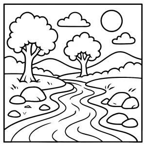 River flow coloring page with a scenic landscape for kids to color