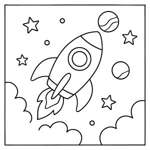 Rocket coloring page for kids featuring a rocket ship blasting off into space with stars and planets, free printable.