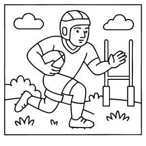 Rugby action coloring page featuring players and a stadium, printable and free for kids and sports fans.