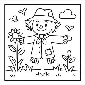 Happy scarecrow coloring page with a smiling scarecrow in a field, free printable for kids