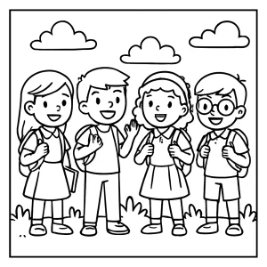 School kids coloring page featuring children with backpacks and books, printable coloring page for free