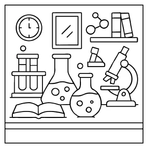 Science lab coloring page showing beakers, test tubes, and microscopes for kids to color