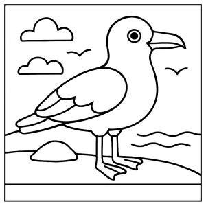 Printable seagull coloring page for kids featuring a detailed bird outline suitable for coloring.