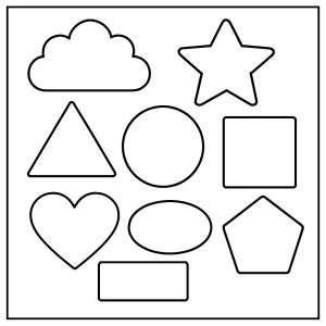 Free printable shapes coloring page featuring circles, squares, triangles, and stars for kids to color and learn