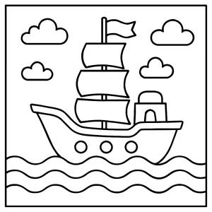 Ship coloring page for kids featuring a detailed sailing ship with large sails, designed as a free printable coloring activity.