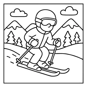 Skiing adventure coloring page featuring a skier on a snowy hill, printable for free