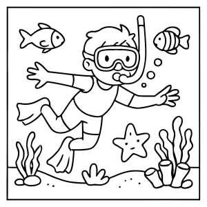 Snorkeling adventure coloring page with ocean, fish, coral, and a snorkeler – free printable coloring page