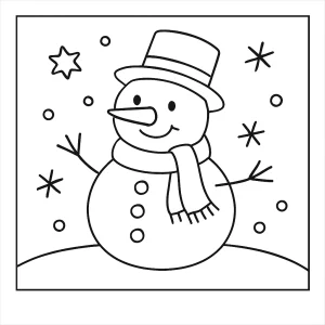 Snowman coloring page for free – printable winter illustration of a snowman with hat and scarf for kids to color