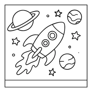 Space rocket coloring page for kids to print and color, featuring a cartoon rocket flying through outer space.