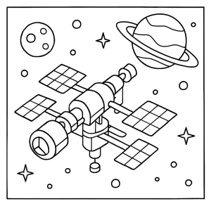 Space Station coloring page to print and color for free, showing a detailed space station in orbit.