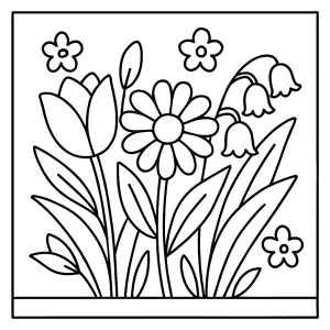 Spring flowers coloring page featuring tulips and daisies, free printable coloring page for kids and adults.