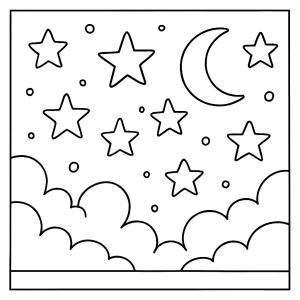 Magical starry sky coloring page with twinkling stars and clouds, free printable for kids and adults.