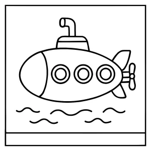 Submarine coloring page for kids featuring a classic underwater vessel surrounded by bubbles and sea life to print and color.