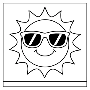 Cool sun with sunglasses coloring page for kids, free printable