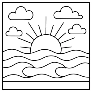 Beautiful sunrise coloring page with sun rising over hills, printable for free coloring fun