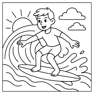 Surfing adventure coloring page with a surfer riding a wave, printable for kids