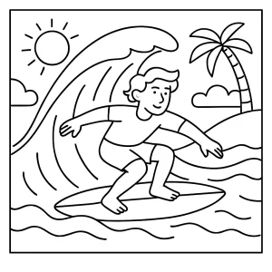 Surfing adventure coloring page featuring a surfer riding a wave, printable for kids
