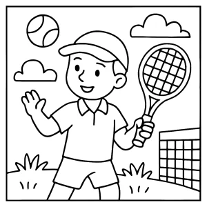 Tennis match coloring page for kids to print and color, featuring players, rackets, and a tennis court.
