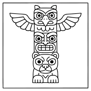 Totem pole coloring page featuring detailed tribal carvings and animal designs for kids to print and color.