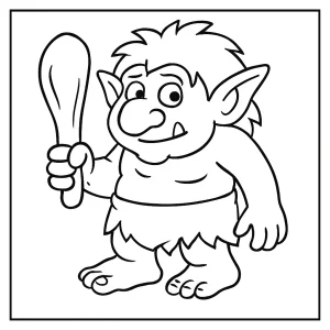 Free printable troll coloring page showing a friendly, big-haired troll for kids to color